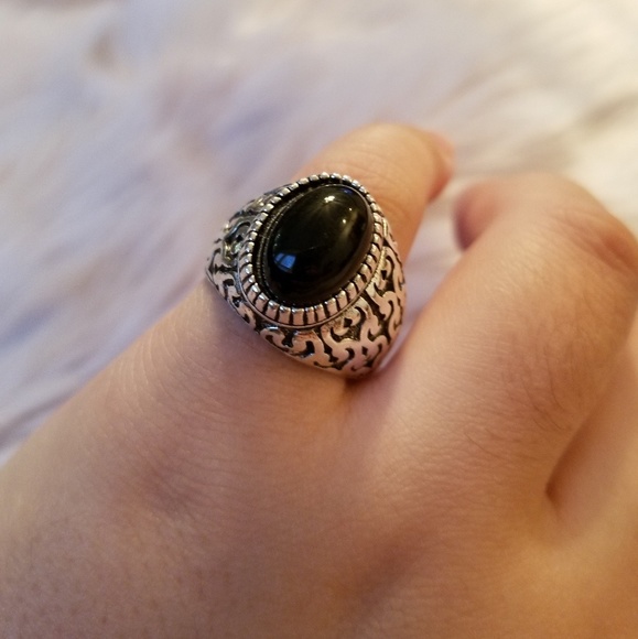 💎 Black onyx glass stone metal ring - Picture 3 of 5